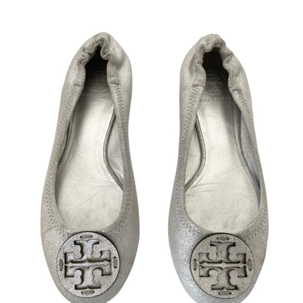 Tory Burch Silver Ballet Flats with Elastic Trim